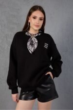 Fular Detaylı Oversize Sweatshirt Üç İplik Şardonlu - Görsel 3