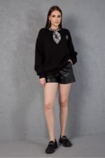 Fular Detaylı Oversize Sweatshirt Üç İplik Şardonlu - Görsel 5