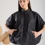 Mevsimlik Dik Yaka Fermuarlı Siyah Oversize Yelek
