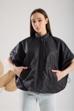 Mevsimlik Dik Yaka Fermuarlı Siyah Oversize Yelek