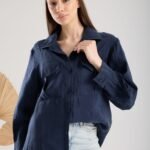 Lacivert Krinkıl Saten Oversize Gömlek