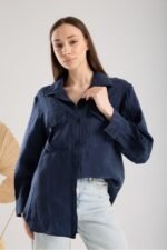 Lacivert Krinkıl Saten Oversize Gömlek