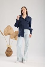 Lacivert Krinkıl Saten Oversize Gömlek - Görsel 4