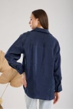 Lacivert Krinkıl Saten Oversize Gömlek - Görsel 5