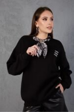 Fular Detaylı Oversize Sweatshirt Üç İplik Şardonlu - Görsel 2