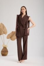 Premium Kumaş  Kahverengi Yelek Pantolon Takım