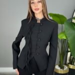 Hakim Yaka Bağlama Detaylı Siyah Blazer Ceket