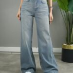 Dökümlü Geniş Denim Pantolon %100 Pamuk