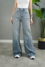 Dökümlü Geniş Denim Pantolon %100 Pamuk