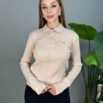 Polo Yaka Örgü Desenli Triko kazak