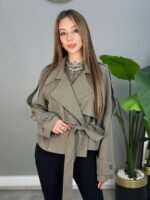 Kuşaklı Kruvaze Yaka Haki Kısa Trençkot - Görsel 2