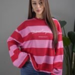 Kırmızı Pembe Yazı Baskılı Geniş Kol Sweatshirt